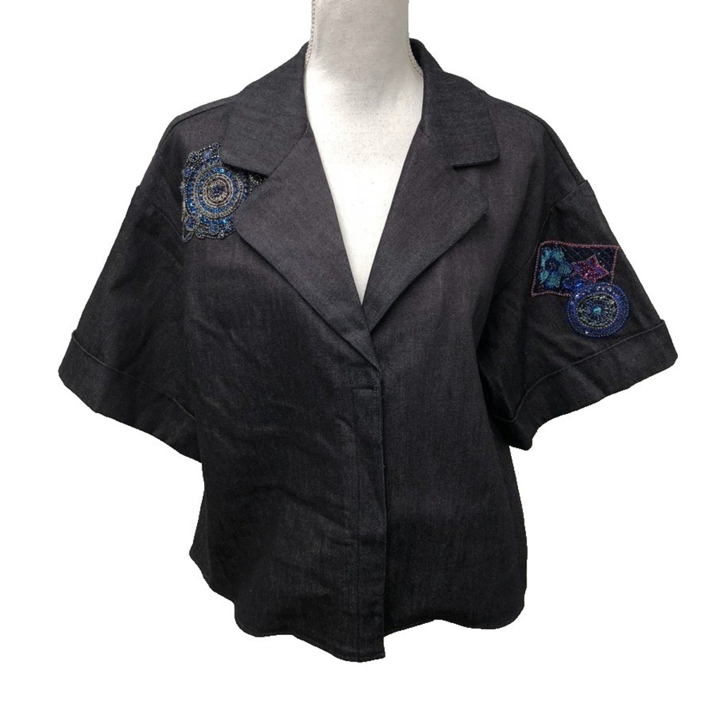 Dennis Basso Button Up Chambray Shirt Womens‎ Large Oversize Charcoal Beaded